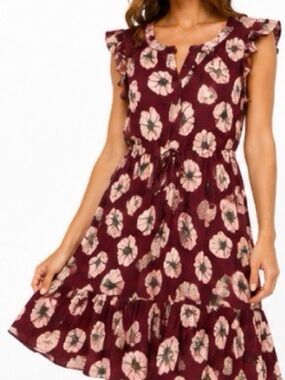 Modcloth Burgundy Floral Drawstring Dress with Ruffle Hem